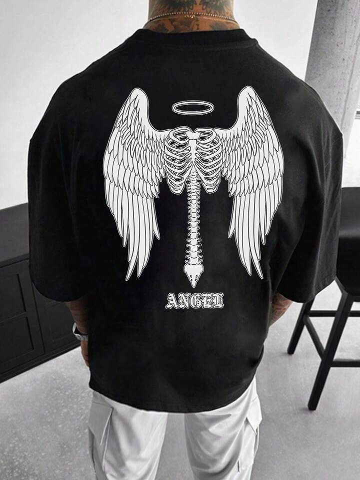 Manfinity LEGND Men'S Casual Short Sleeve T-Shirt With Skeleton And Wings Pattern