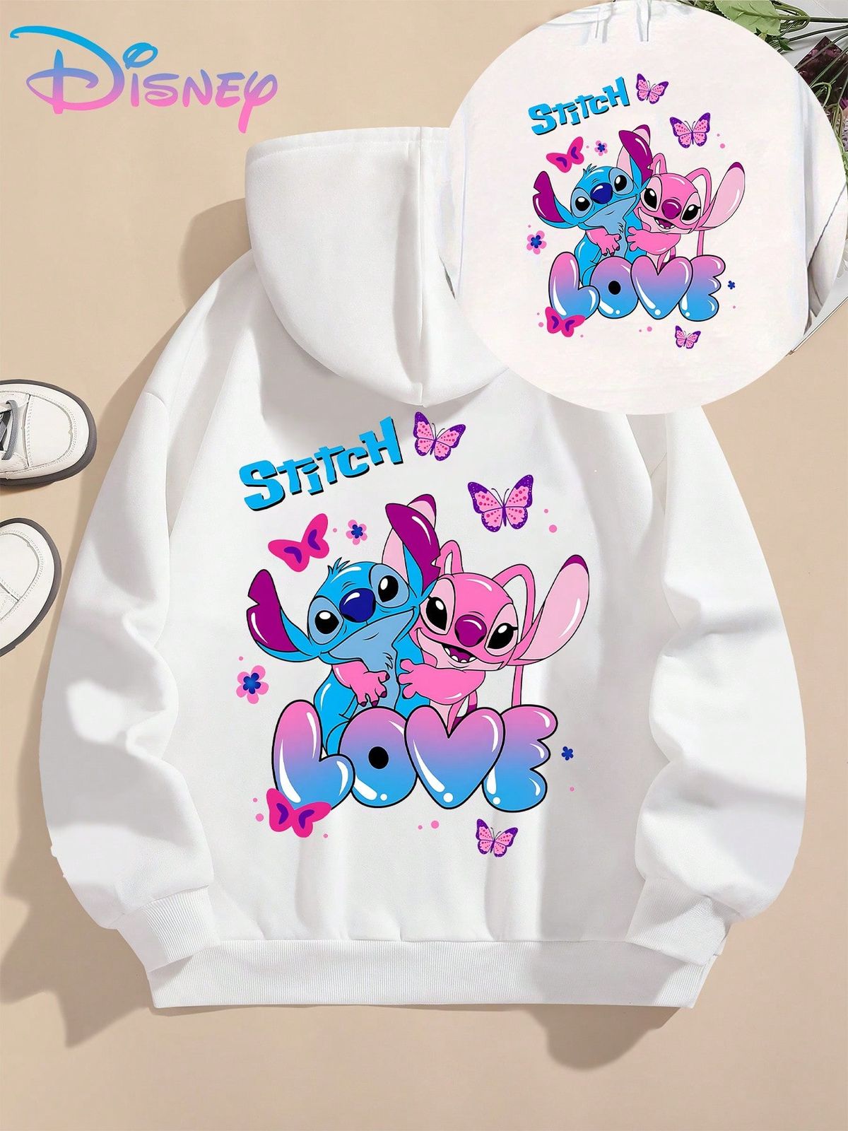 Disney Licensed Stitch & Angel Double-Sided Print Women'S Hoodie Drawstring Adjustable Hooded Pullover Sweatshirt