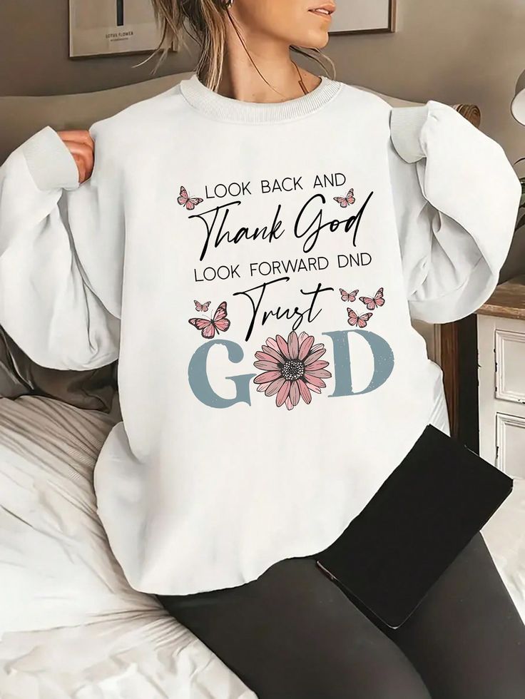 Women's Floral And Slogan Print Crew Neck Sweatshirt