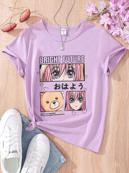 Girls Cartoon Figure & Slogan Graphic Tee Regular Fit