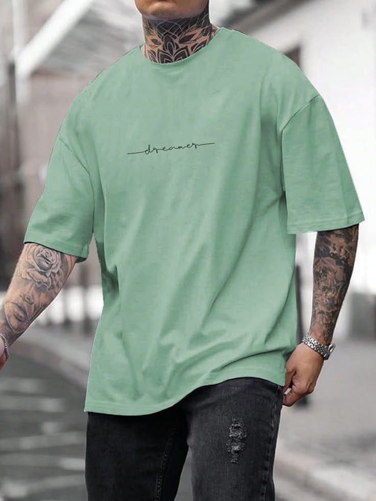 Camiseta gráfica de manga corta casual y holgada con texto para hombre, para el verano