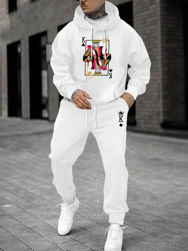 Manfinity EMRG Men's Card Printed Drawstring Hoodie And Sweatpants Two Piece Set