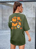 Floral & Slogan Graphic Drop Shoulder Tee