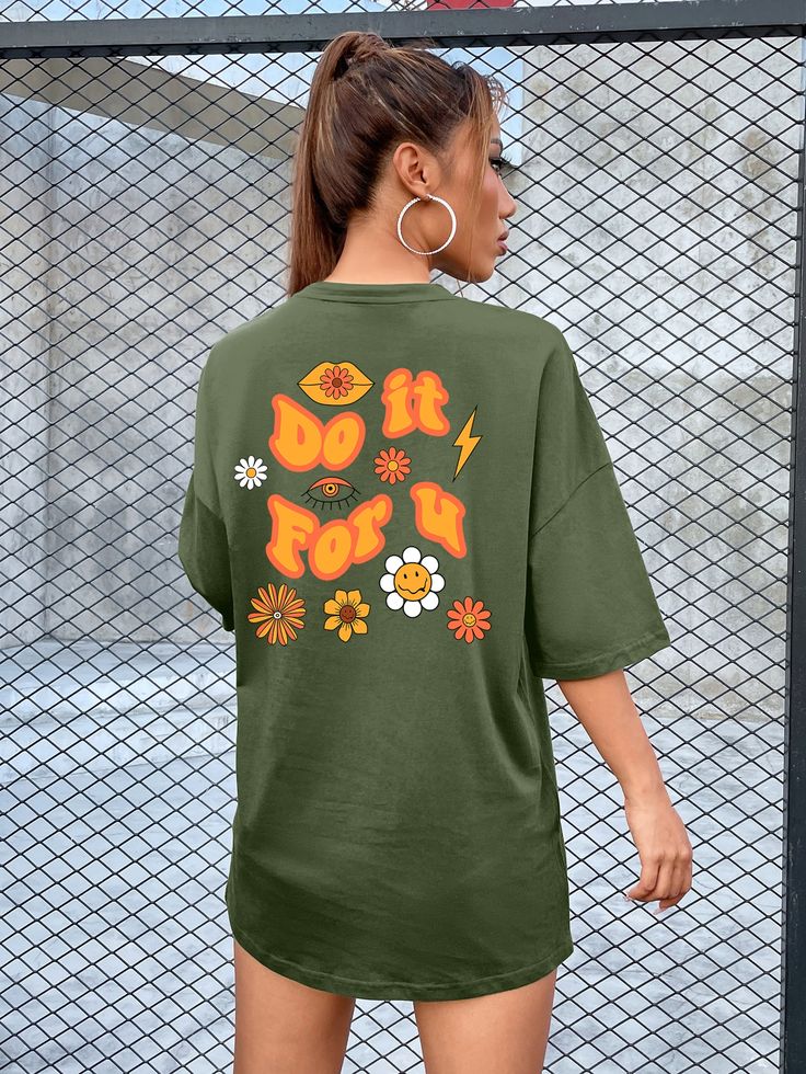 Floral & Slogan Graphic Drop Shoulder Tee