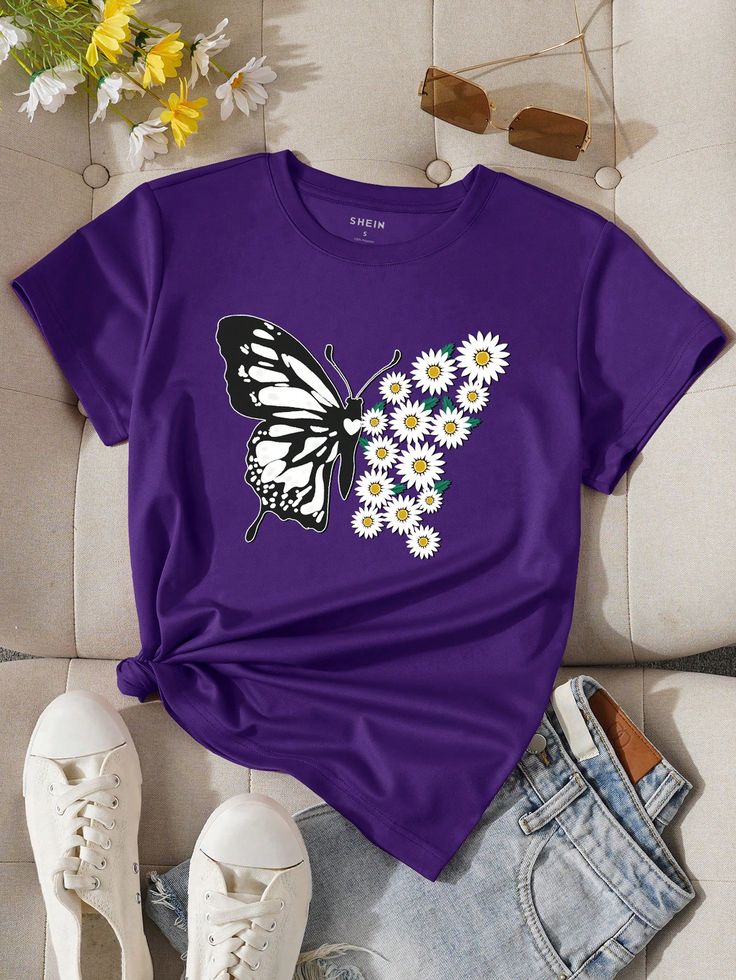 Women's Butterfly & Daisy Printed T-shirt regular fit