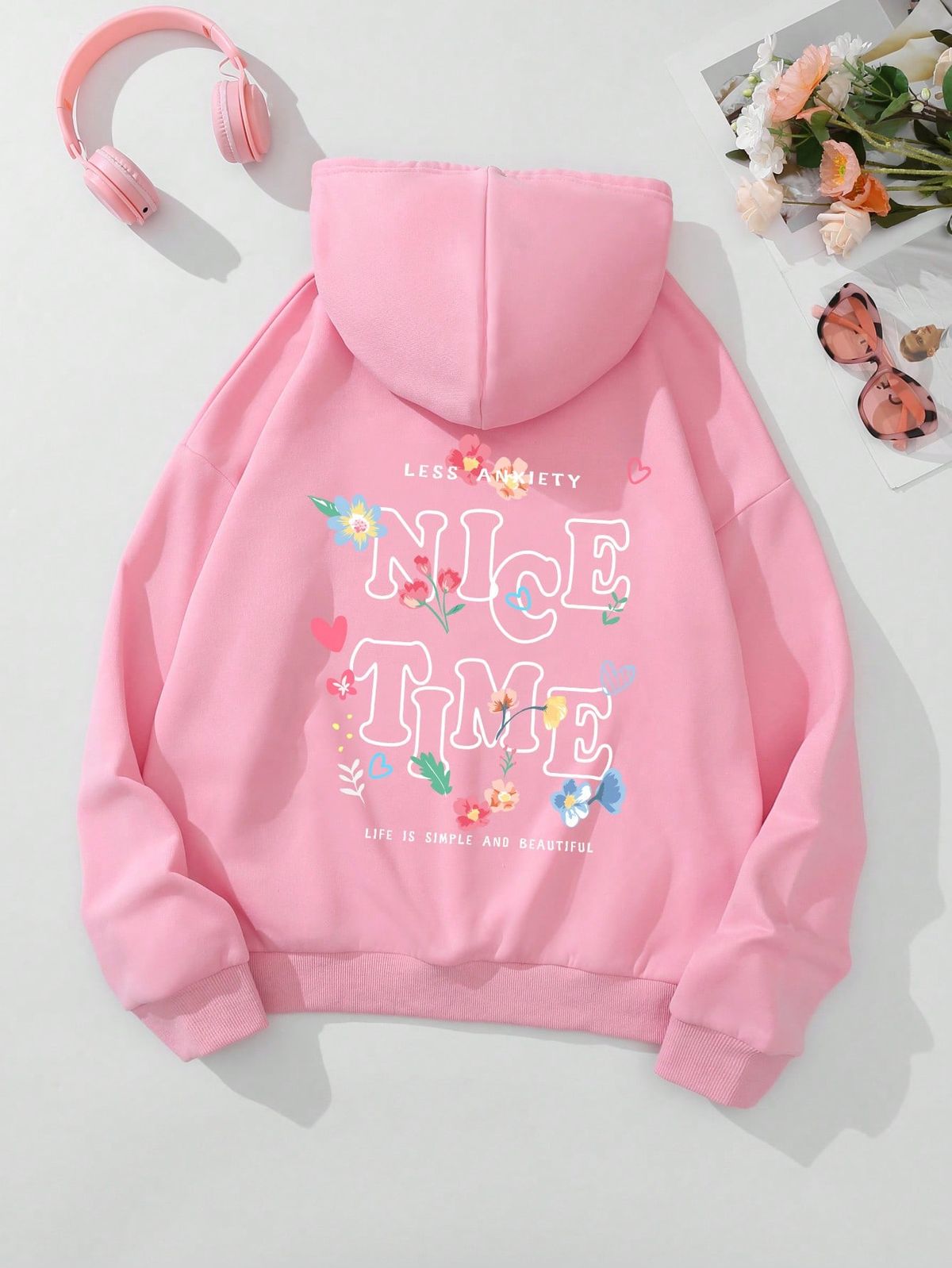 Slogan & Floral Graphic Drawstring Thermal Lined Hoodie