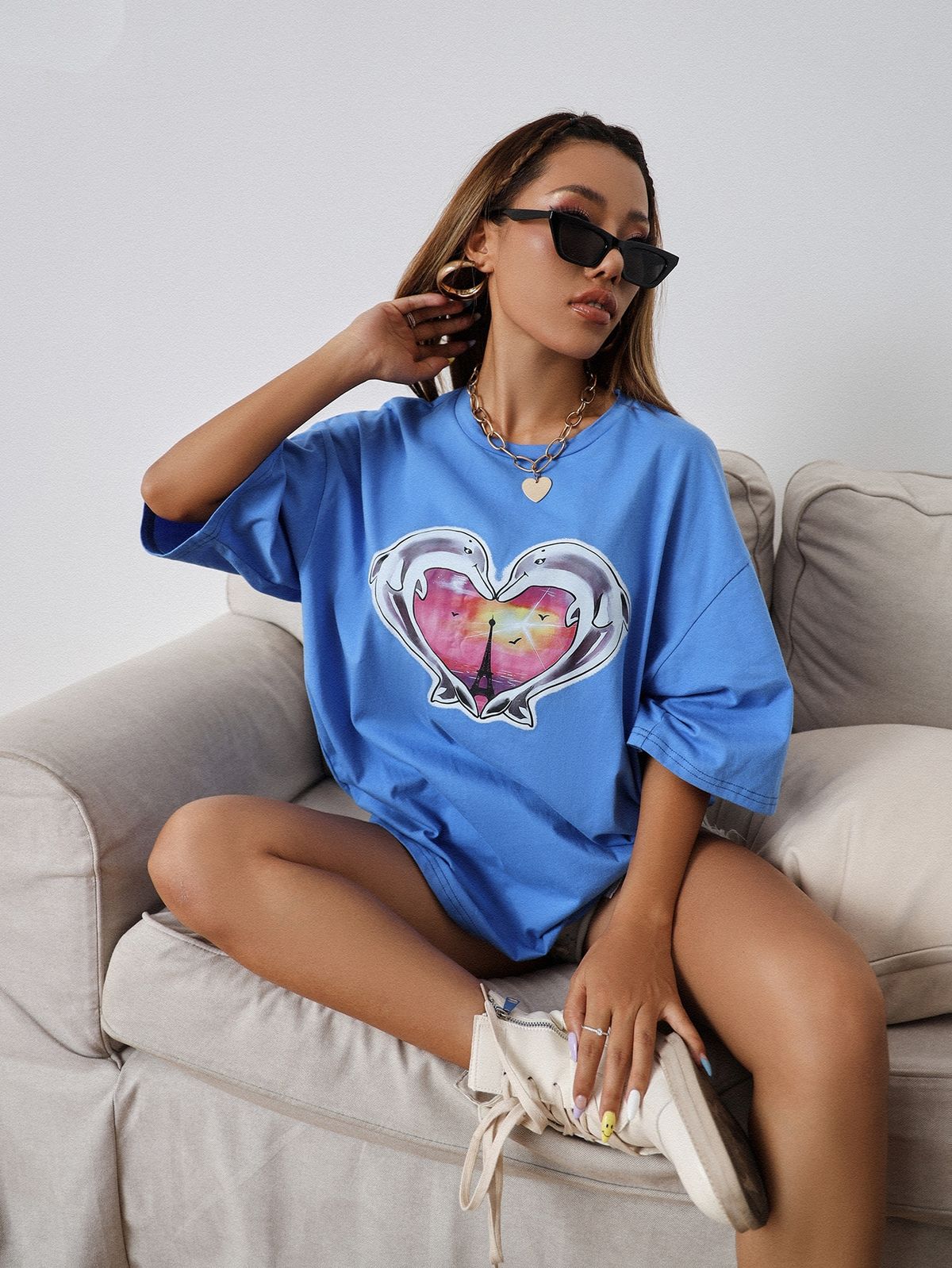 Cartoon & Graphic Print Drop Shoulder Tee