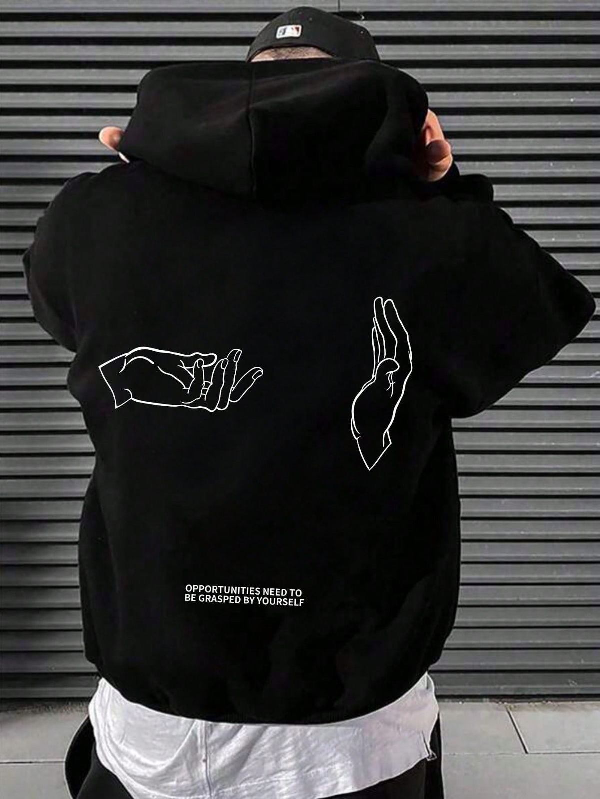 Manfinity Hypemode Loose Fit Men's Letter & Hand Print Hooded Sweatshirt