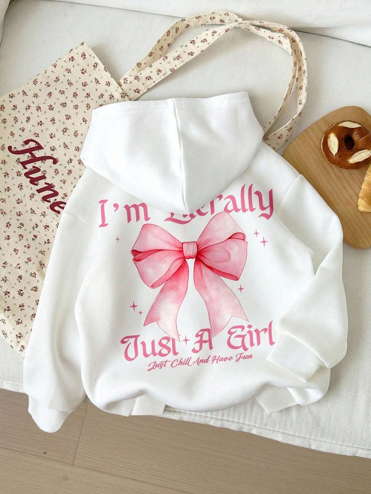 Young Girls Vintage College Style Pink Bow "I'm Literally Just A Girl" Graphic Thick Hoodie Sweatshirt