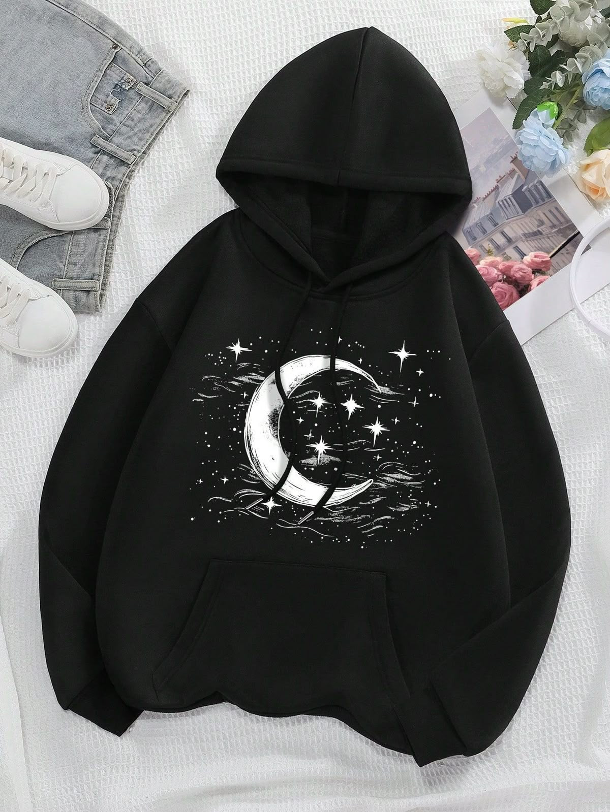 Women’s Casual Moon Print Fleece Hoodie Oversized