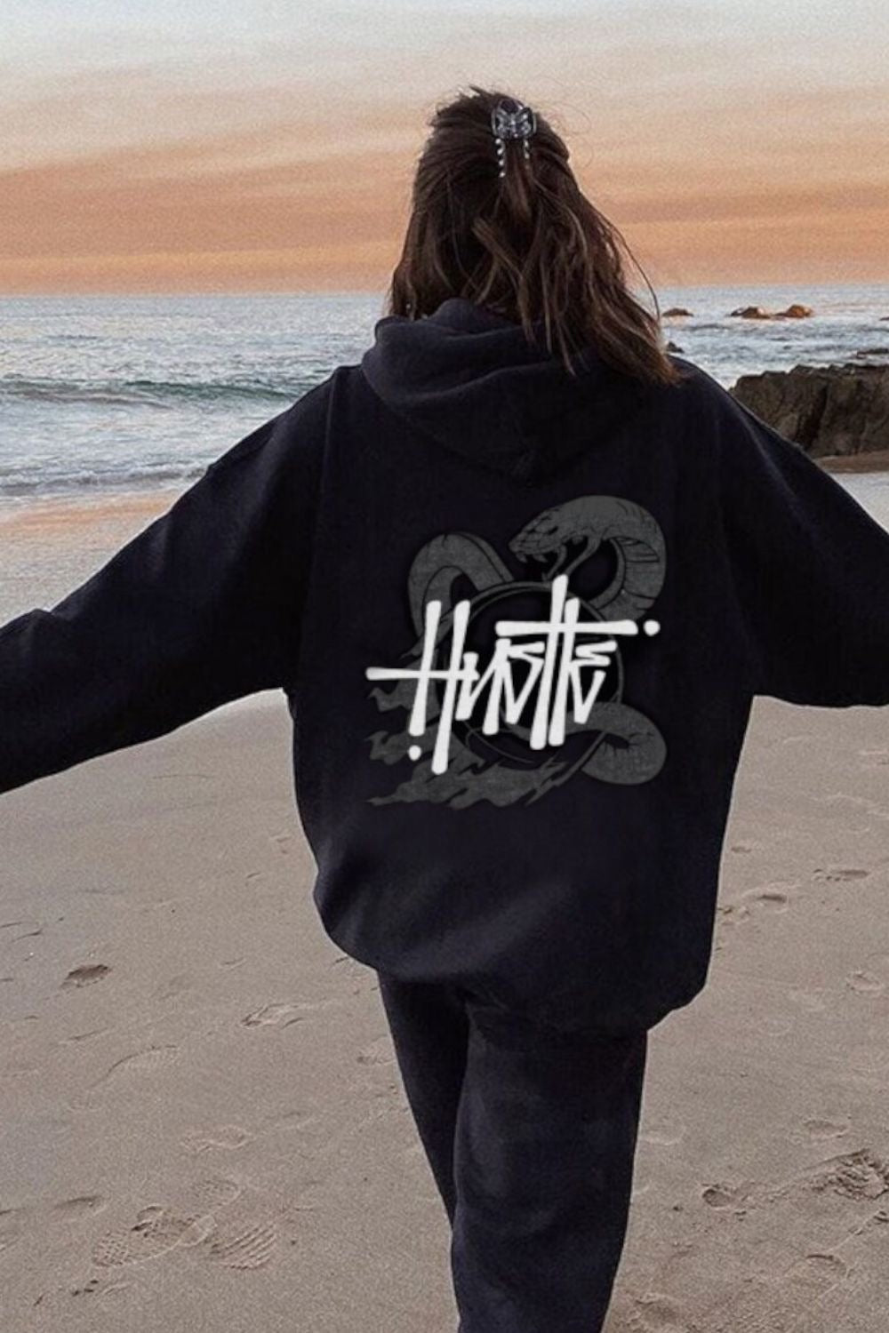 Hustle Snake Black Graphic Hoodie Oversized