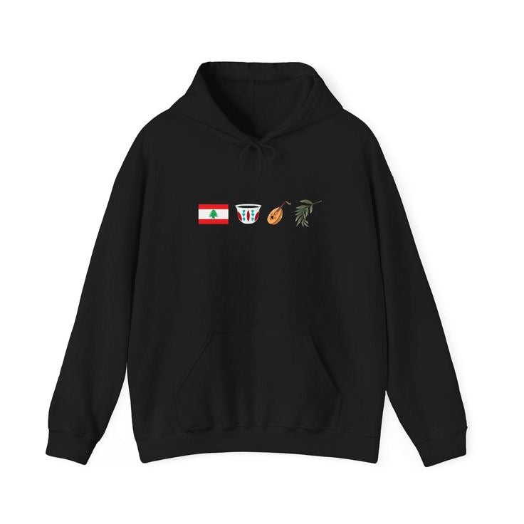 Lebanese Heritage Hoodie| Flag, Coffee Cup, Oud & Olive Branch Design