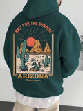 Men’s Casual Green Cactus Print Drawstring Hoodie