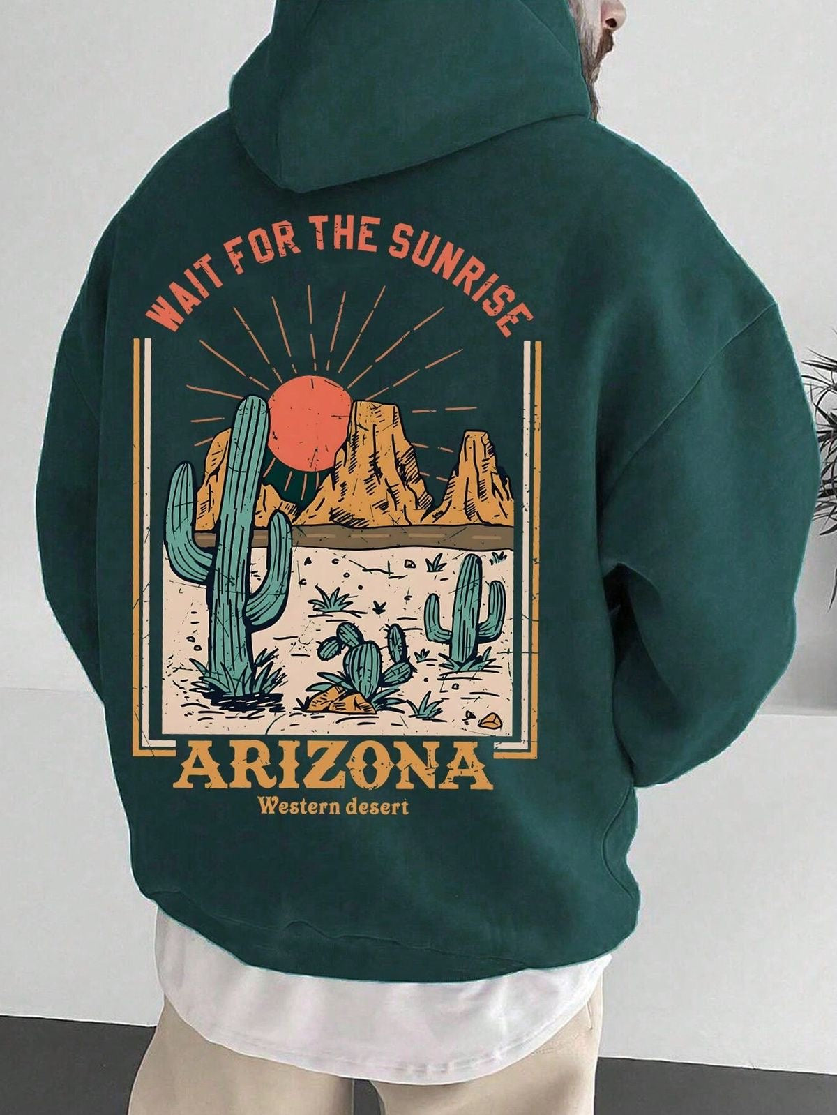 Men’s Casual Green Cactus Print Drawstring Hoodie