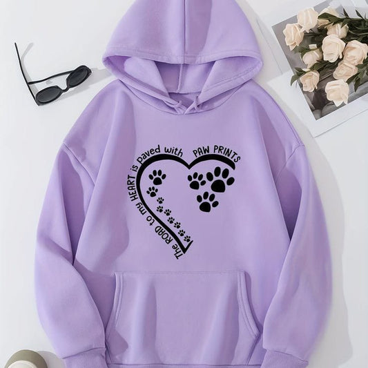 Heart and paw print drawstring oversized hoodie