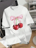 Oversize Casual Minimalist Cherry Graphic Round Neck Short Sleeve Loose T-Shirt For Women, Summer