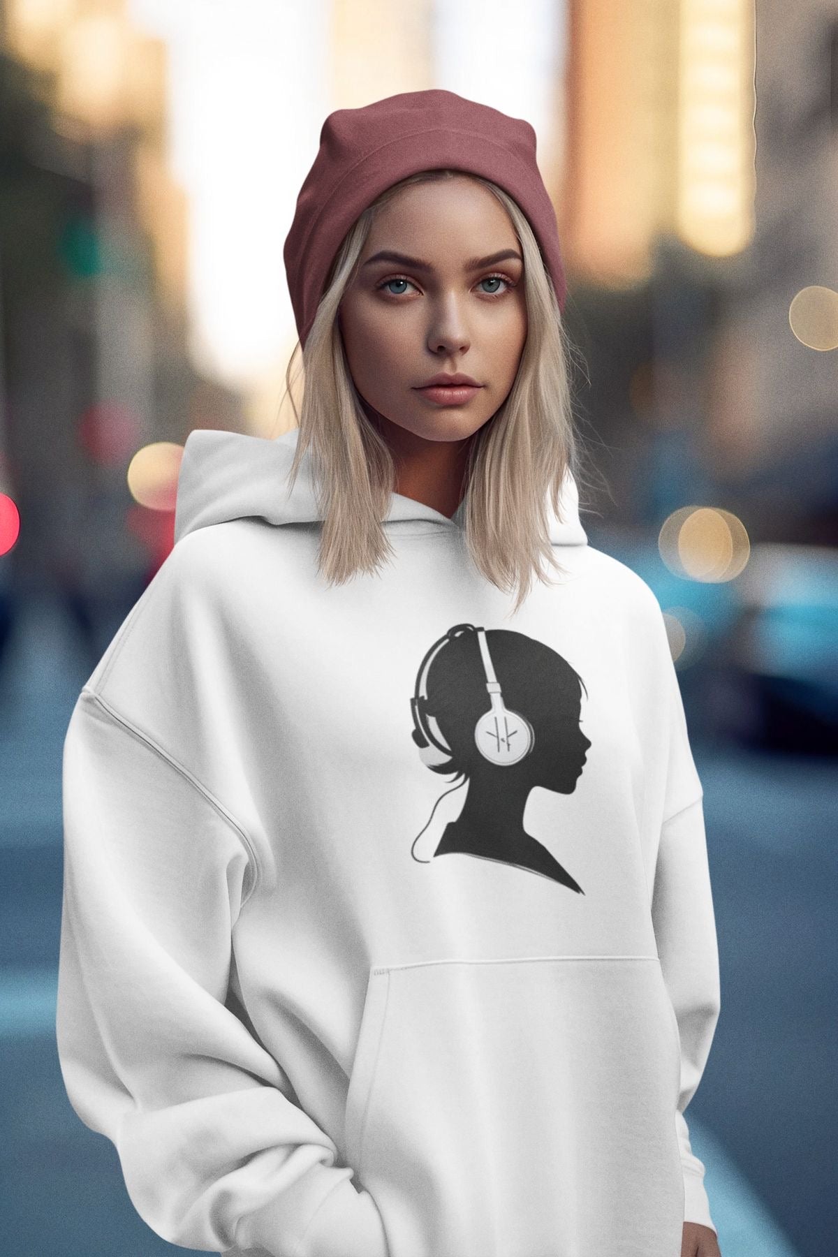 Girl with headphones hoodie