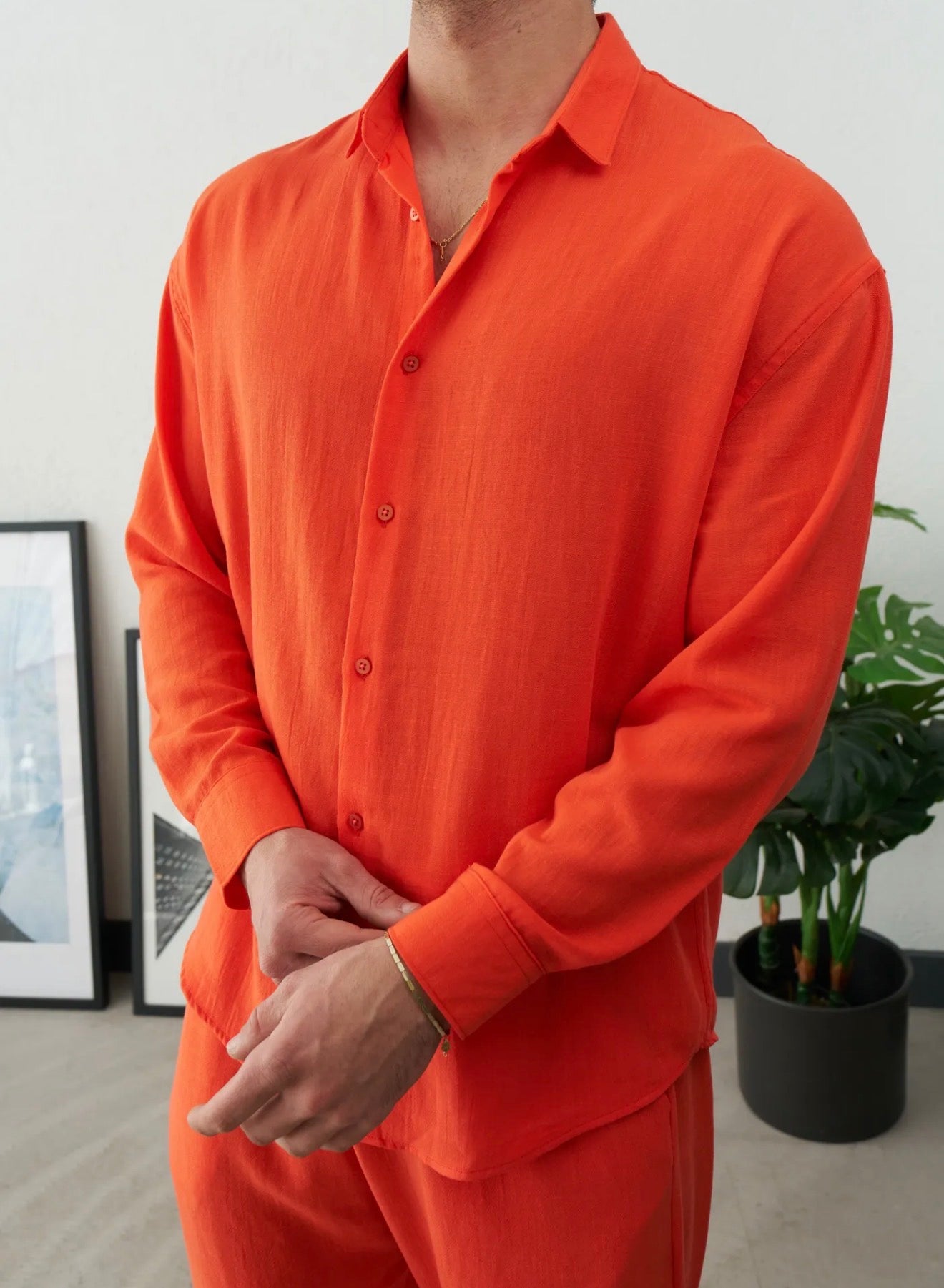 Men Summer Shirt Linen Orange