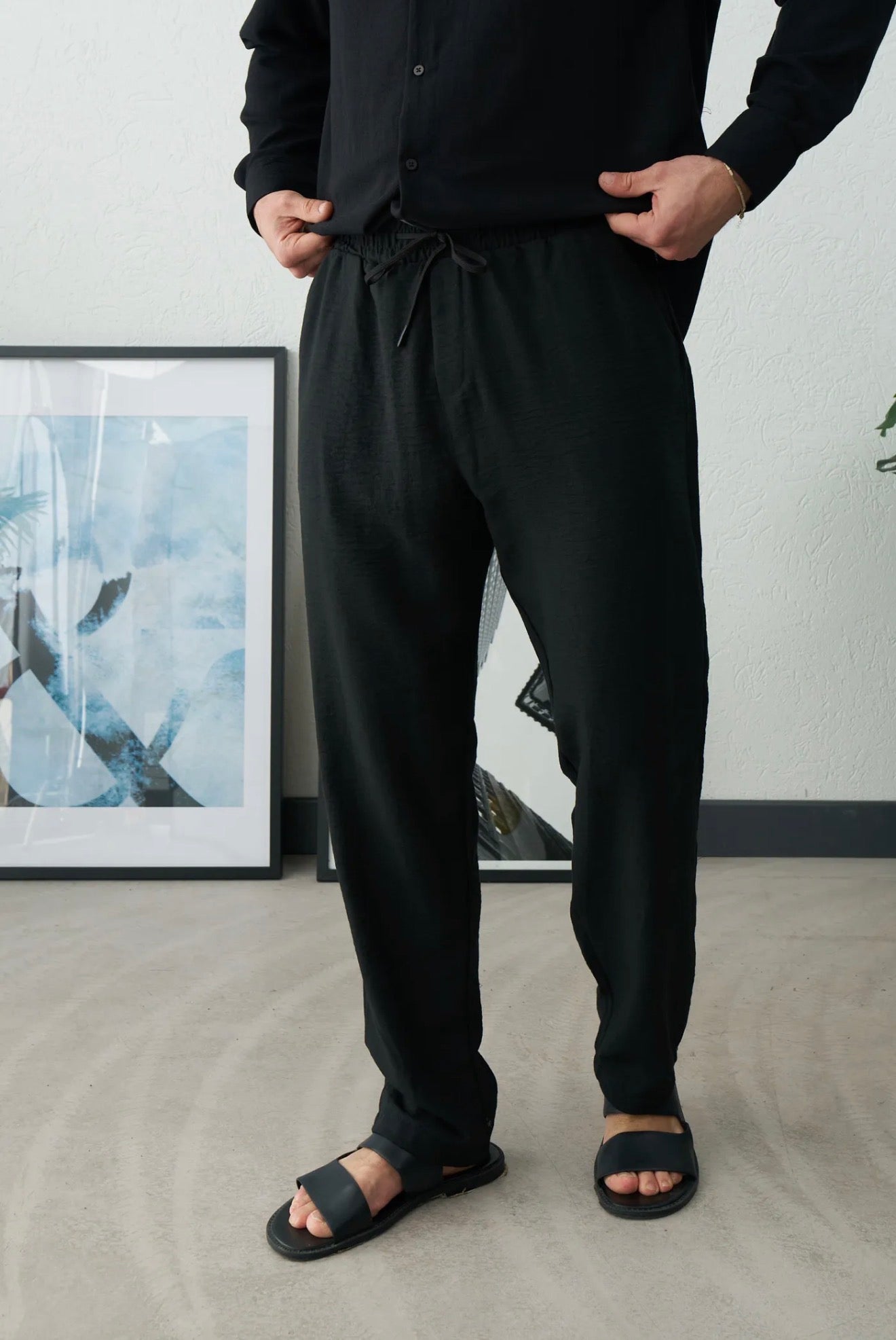 Men Pant Linen Black