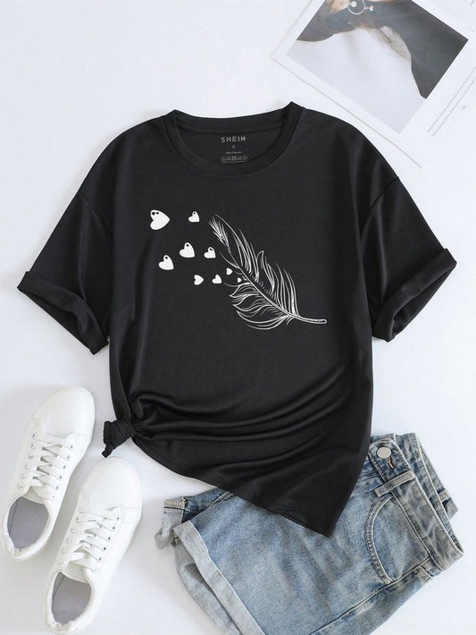 Feather And Heart Print Tee Regular Fit