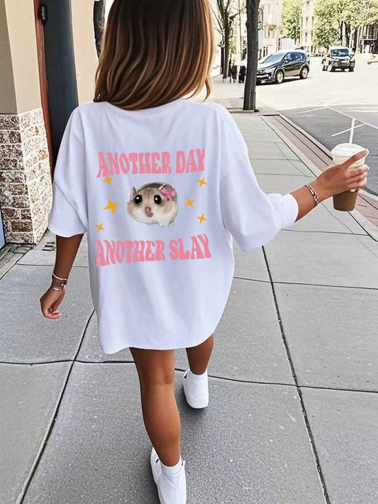 Cute Hamster Graphic Round Neck T-Shirt, Summer Top