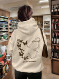 Slogan & Butterfly Print Kangaroo Pocket Drawstring Thermal Hoodie