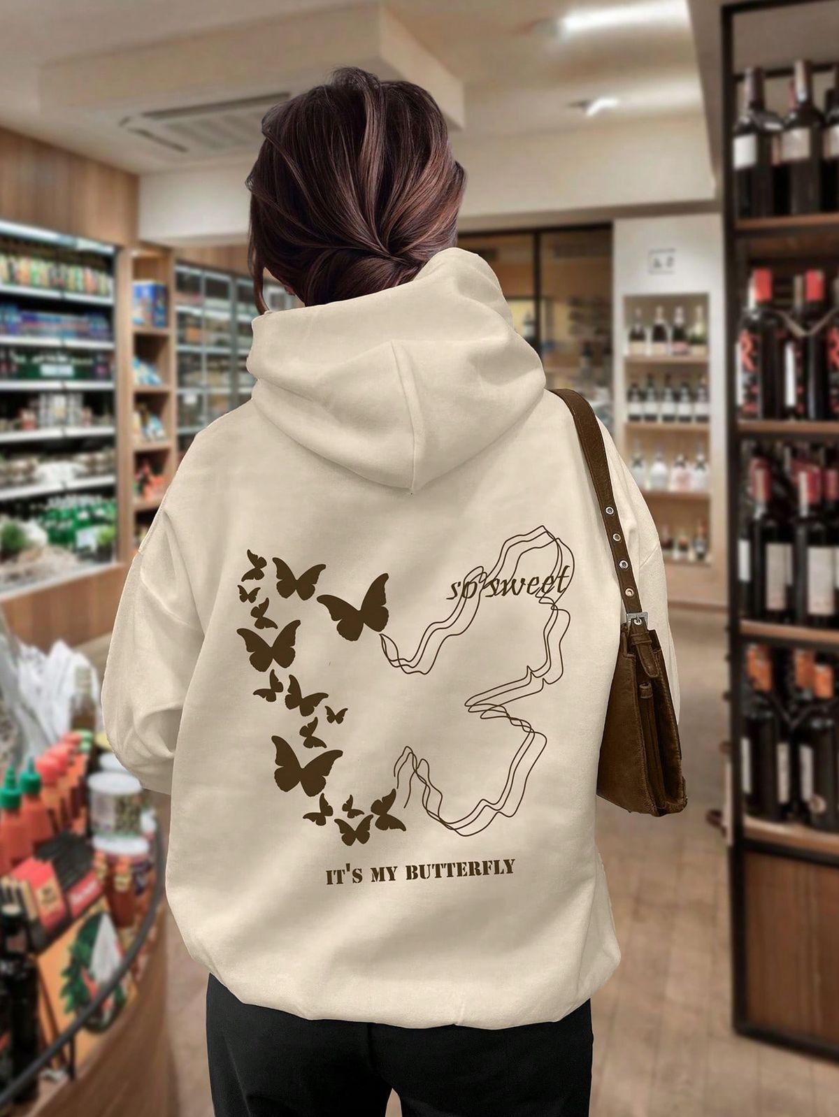 Slogan & Butterfly Print Kangaroo Pocket Drawstring Thermal Hoodie
