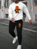 Men's autumn and winter casual warm cartoon bear pattern printed loose and thick velvet round neck