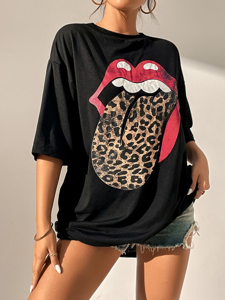 Leopard & Mouth Print Drop Shoulder Tee
