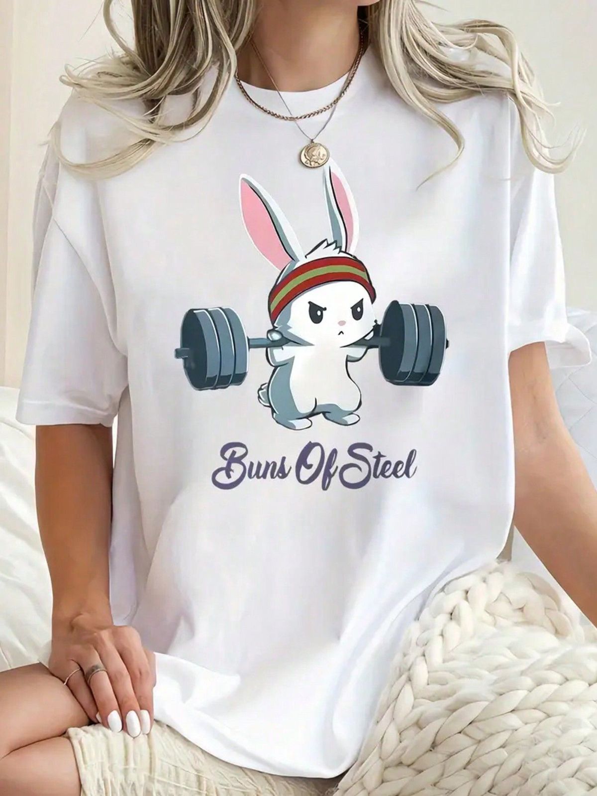 Trendy Women's Weightlifting Rabbit Print T-Shirt