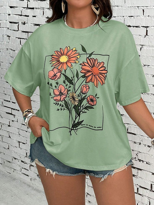Women Floral Print Casual Vacation Round Neck Short Sleeve Loose T-Shirt