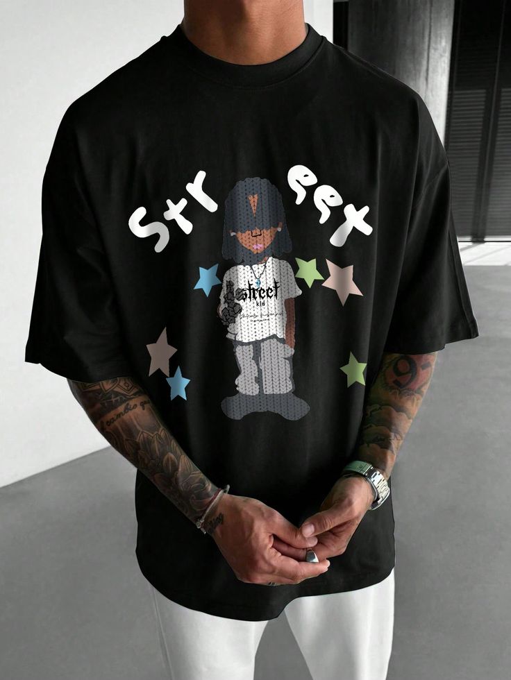 Men's Cartoon Character Letter Print Casual Short Sleeve T-Shirt, Summer