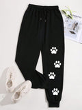 Bear Footprint Print Drawstring Waist Sweatpants Casual Women's Pants