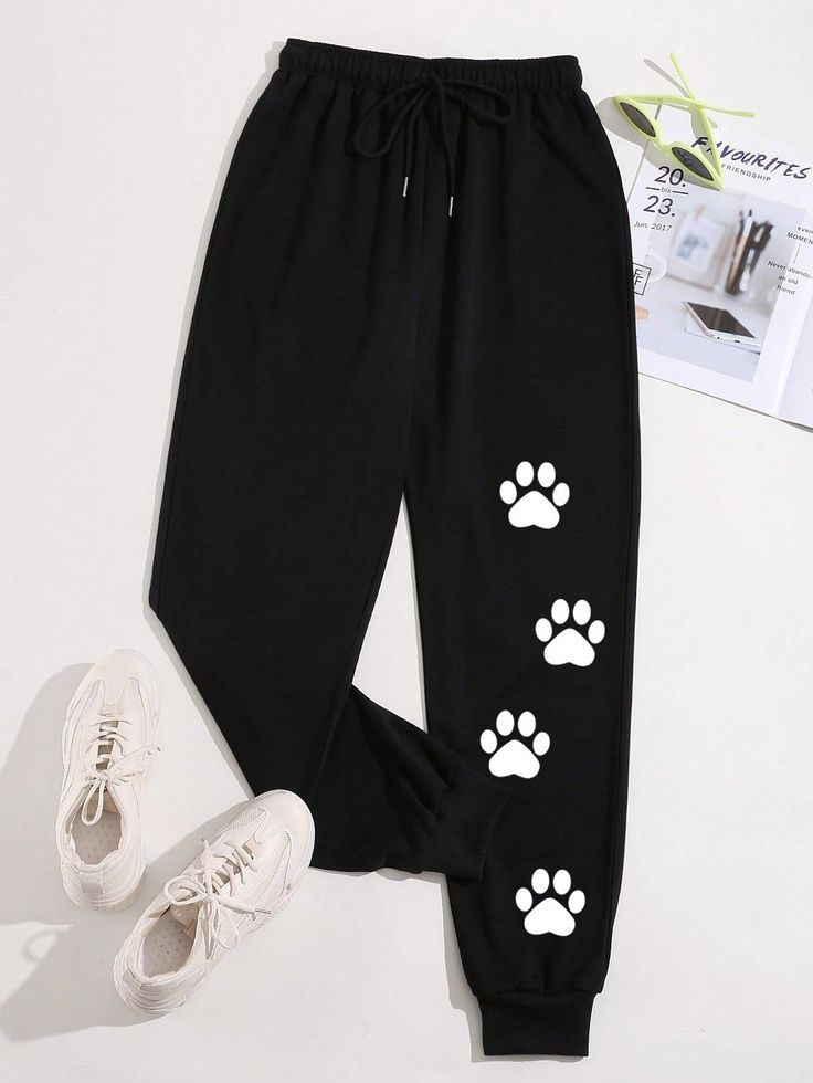 Bear Footprint Print Drawstring Waist Sweatpants Casual Women's Pants