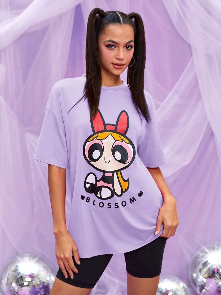 Women's Cartoon Letter Print Drop Shoulder T-Shirt
