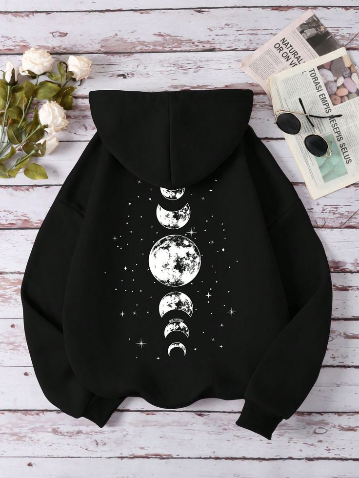 Moon Print Drawstring Hooded Fleece Sweatshirt