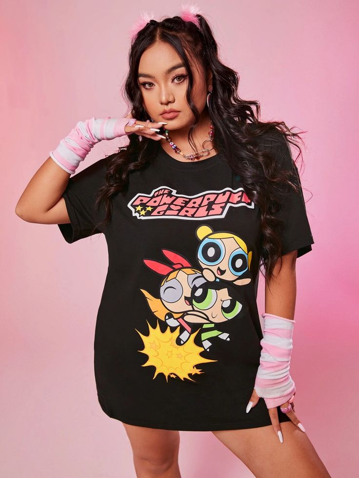 The Powerpuff Girls |Cartoon & Letter Graphic Drop Shoulder Tee