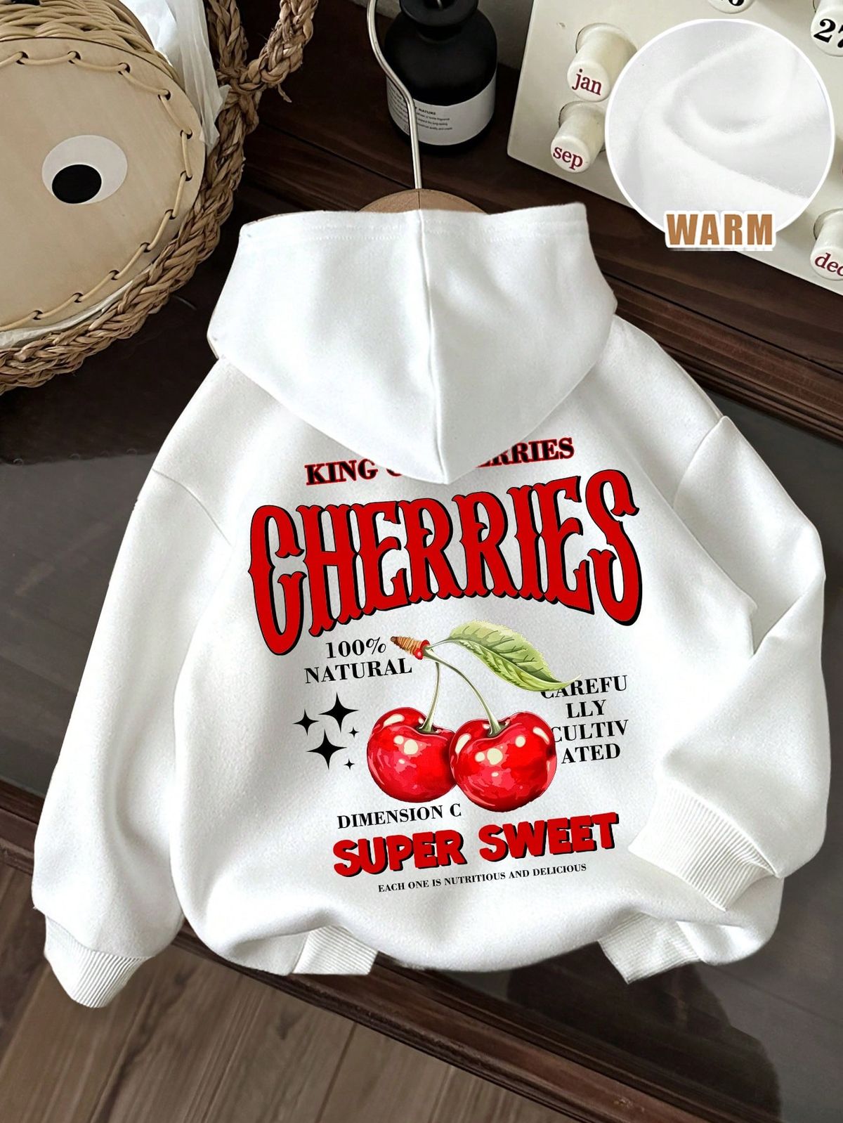 Tween Girls Casual Minimalist Vintage American Style Cherry Pattern White Long Sleeve Hooded Thick Warm Comfortable Versatile Sweatshirt, Suitable For Autumn & Winter