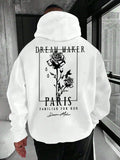 Loose Fit Men's Hooded Sweatshirt With Rose Print, Slogan Design And Fleece Lining