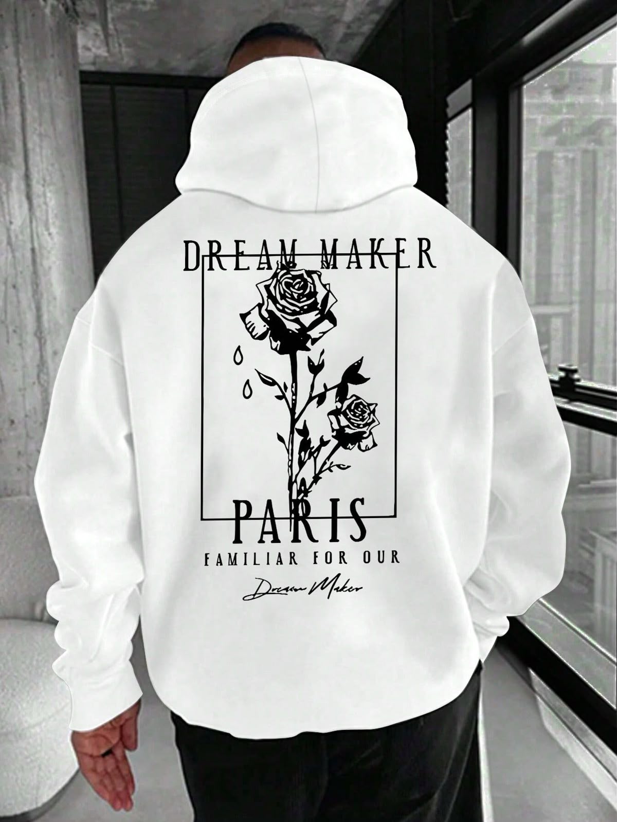 Loose Fit Men's Hooded Sweatshirt With Rose Print, Slogan Design And Fleece Lining