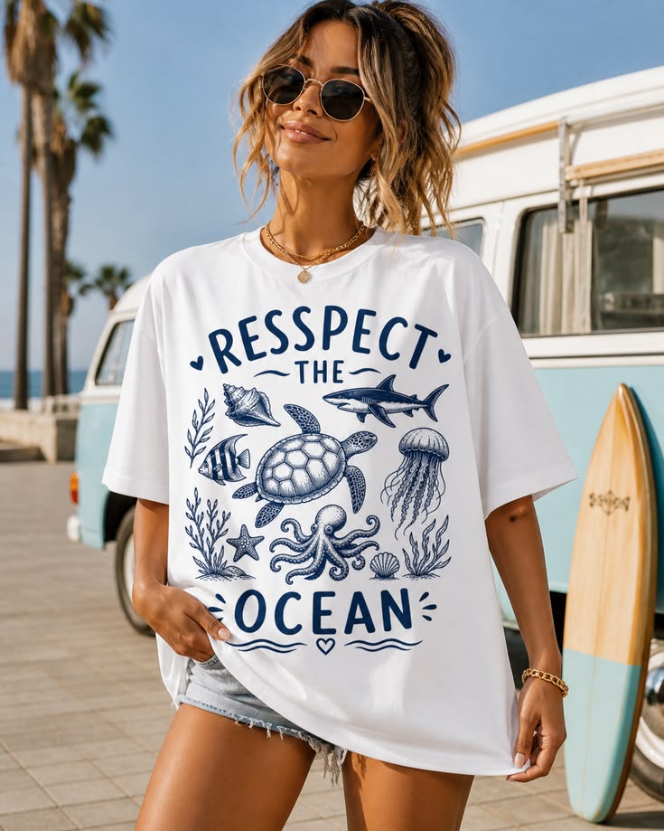 Respect The Ocean T-Shirt – Sea Life Graphic Tee, Beach Lover Shirt, Ocean Aesthetic Summer Outfit