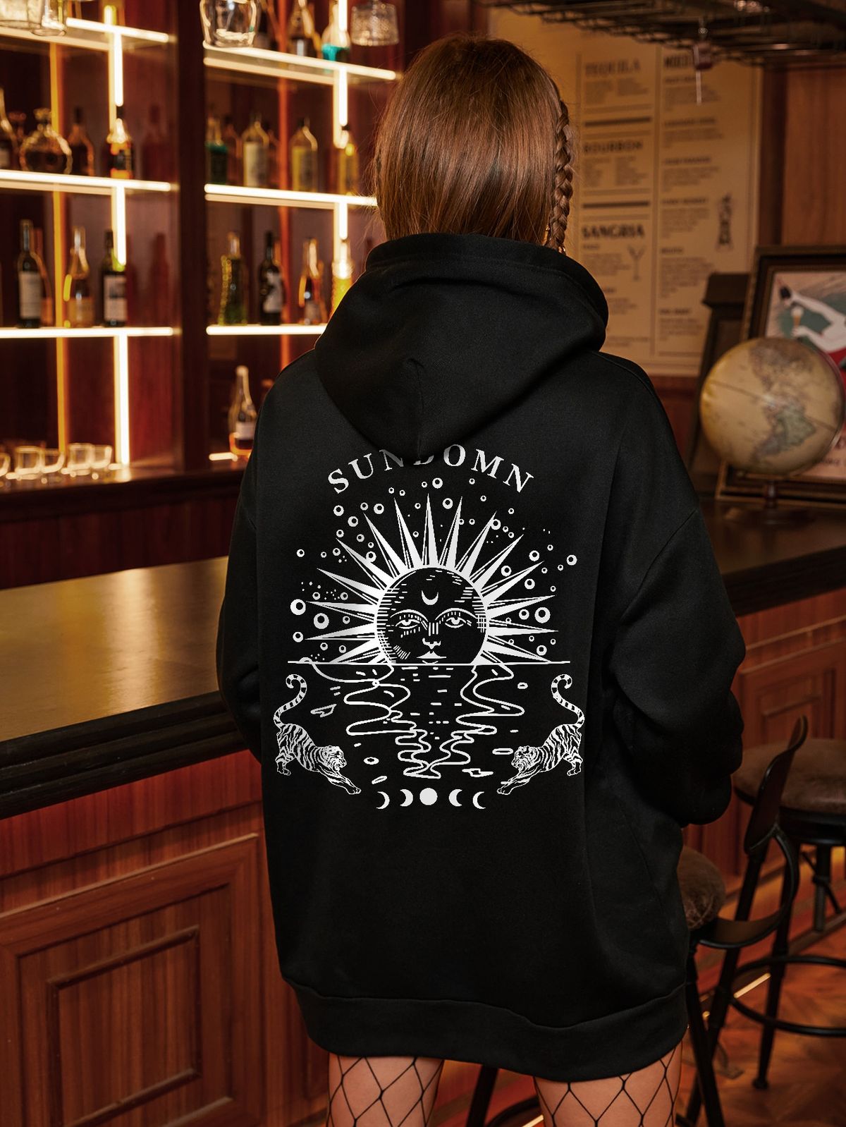 Sun & Tiger Print Drop Shoulder Drawstring Thermal Hoodie