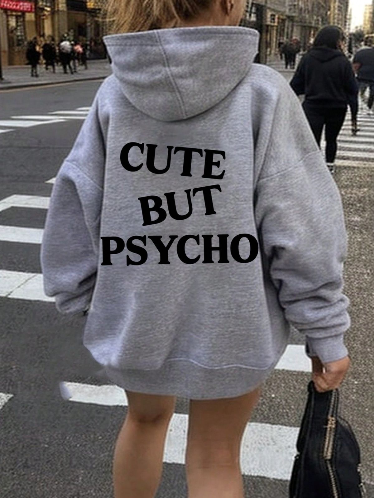 Casual Minimalist "Cute But Psycho" Graphic Print Loose Hoodie Sweatshirt For Women, Suitable For Autumn & Winter