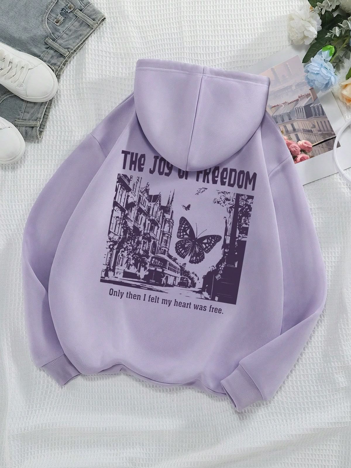 Women'S Butterfly Pattern Printed Hoodie With Slogan