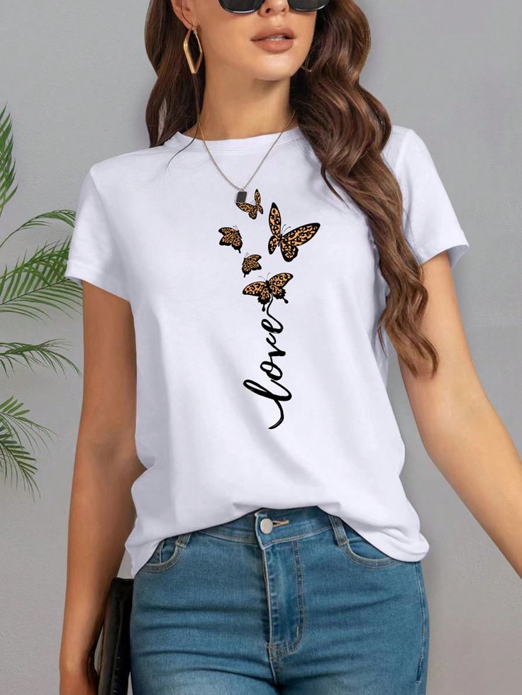 Women's Regular Short Sleeve T-Shirt regular fit With Letter & Butterfly
