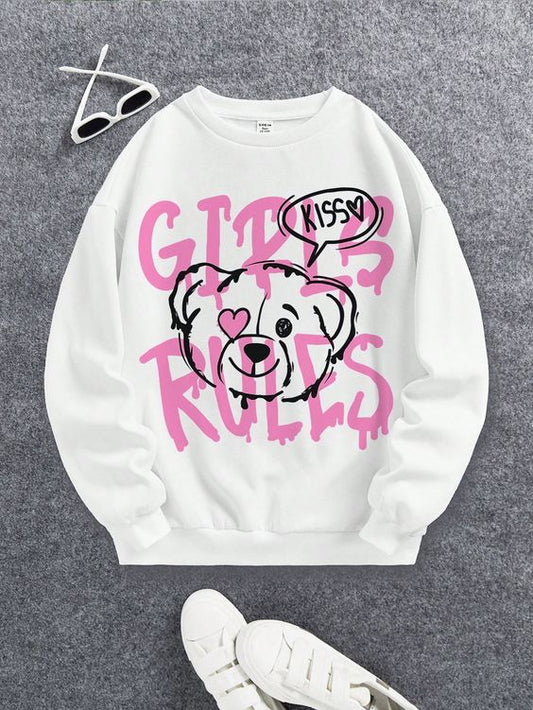 Teen Girl Bear & Letter Graphic Thermal Lined Pullover