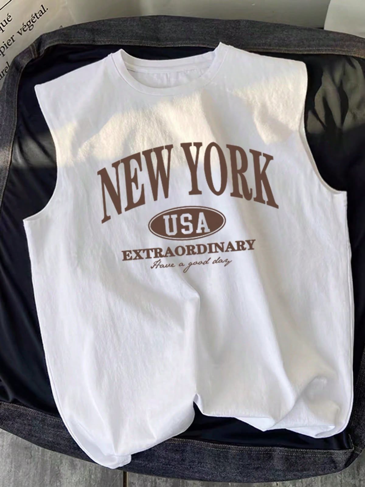 White Regular Size Men's Letter Print Casual Tank Top With Round Neck