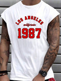 White Regular Size Men's Letter Print Casual Tank Top With Round Neck