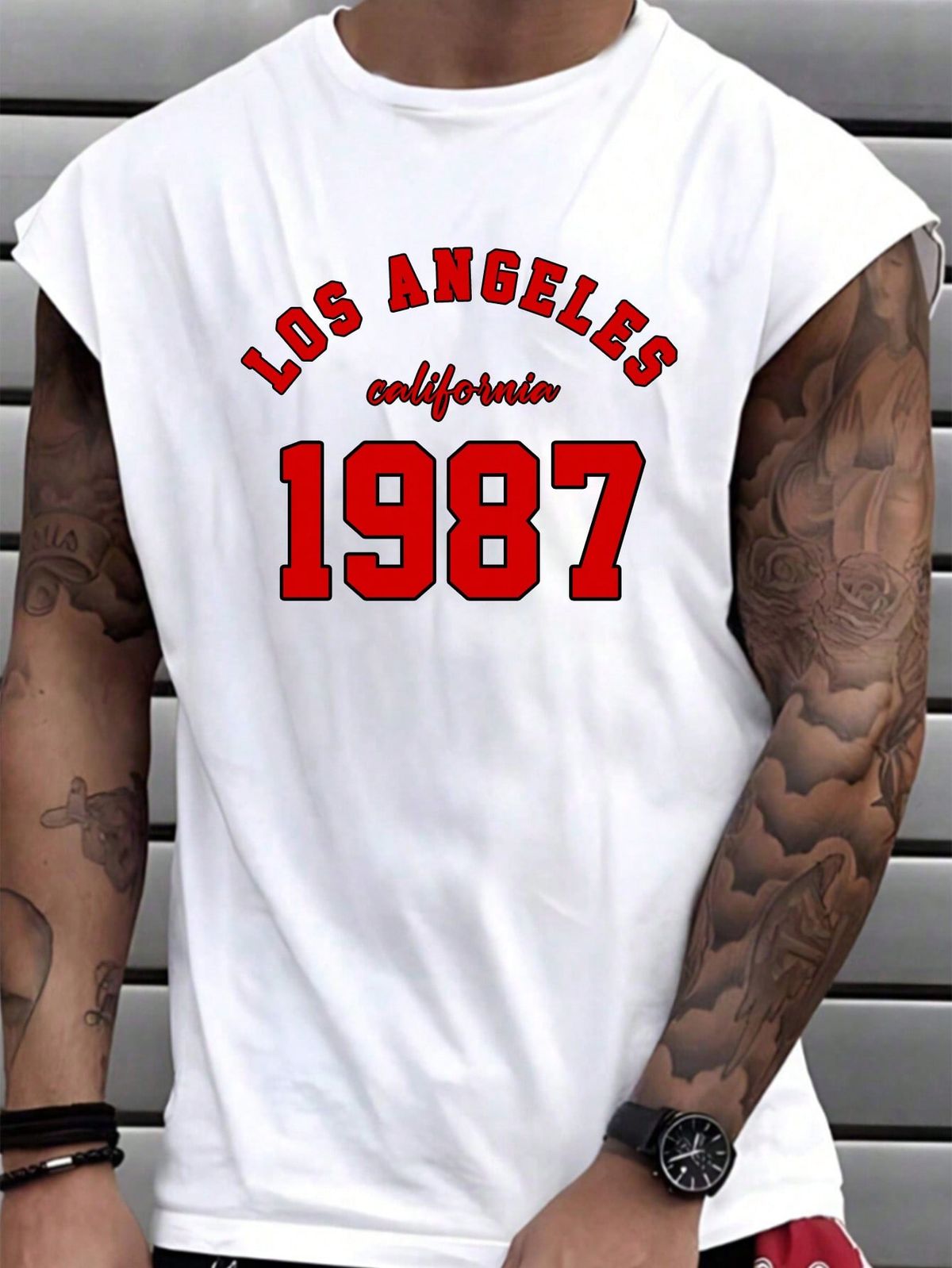 White Regular Size Men's Letter Print Casual Tank Top With Round Neck