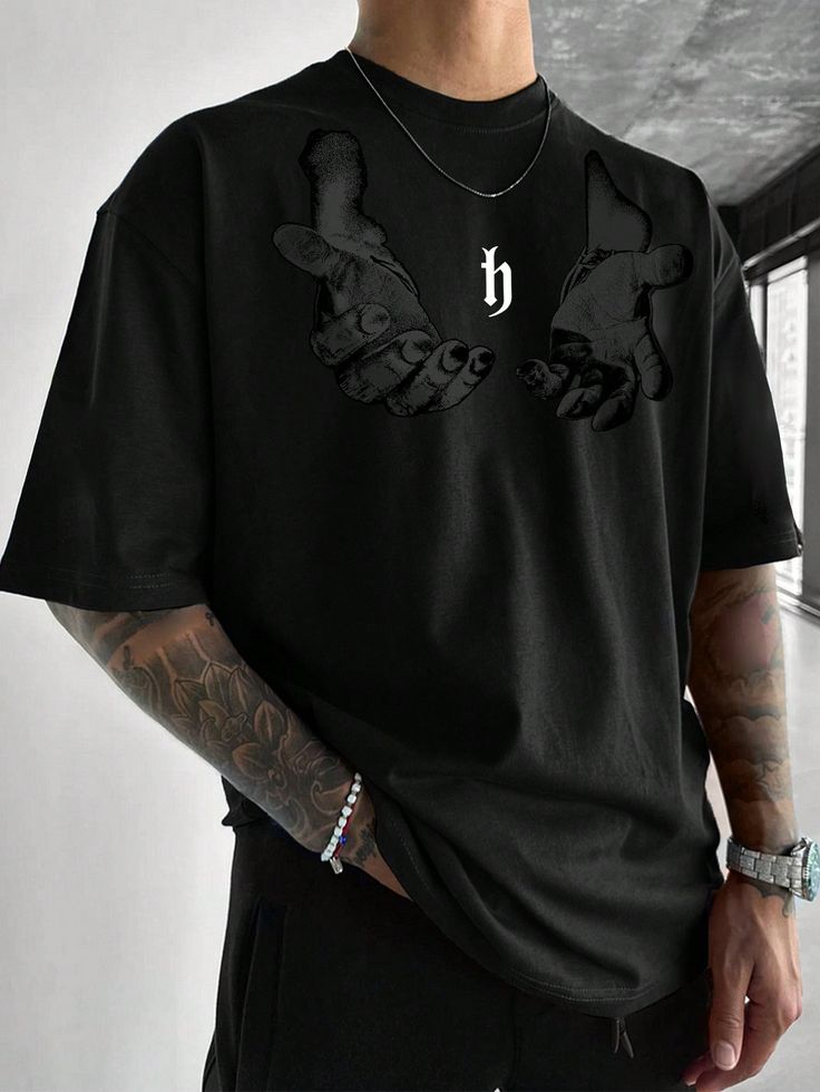 Men's Hand Print Round Neck Short Sleeve Oversized T-Shirt